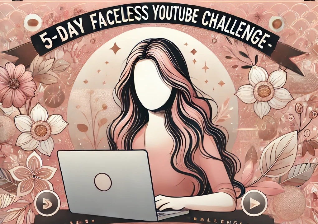 5-Day Faceless YouTube Challenge - Learn How to Grow a Successful YouTube Channel Without Showing Your Face. Feminine design with pink, gold, and white tones featuring a faceless woman working on content creation.